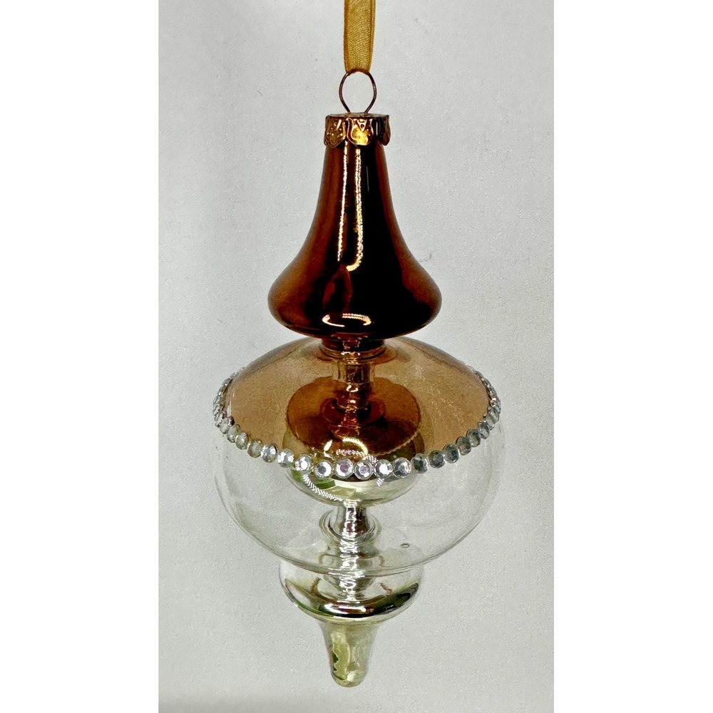 Dillards Glass Double Finial Rhinestone Brown Gold Christmas Ornament
